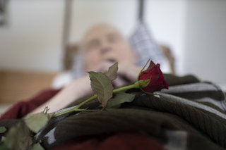 Mann liegt in einem Bett, seine Augen sind geschlossen, auf der Bettdecke hat jemand eine rote Rose gelegt