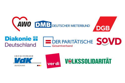 Logoteppich mit den Logos der B&uuml;ndnispartner: AWO, Deutscher Mieterbund, DGB, Diakonie Deutschladn, Der Parit&auml;tische Gesamtverband, SoVD, Sozialverband VdK Deutschland, Volkssolidarit&auml;t