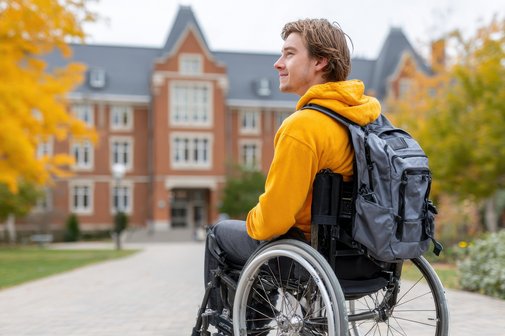 Ein junger Mann mit einem gelben Sweatshirt und einem Rucksack, der im Rollstuhl sitzt, vor einem Universitätsgebäude. 