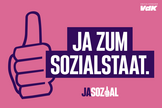 Motiv der VdK-Aktion Jasozial: Grafik in rosa und lila. Zu sehen ist eine Hand, die das "Daumen hoch"-Zeichen macht, und der Schriftzug "Ja zum Sozialstaat"