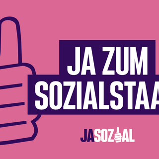 Motiv der VdK-Aktion Jasozial: Grafik in rosa und lila. Zu sehen ist eine Hand, die das "Daumen hoch"-Zeichen macht, und der Schriftzug "Ja zum Sozialstaat"