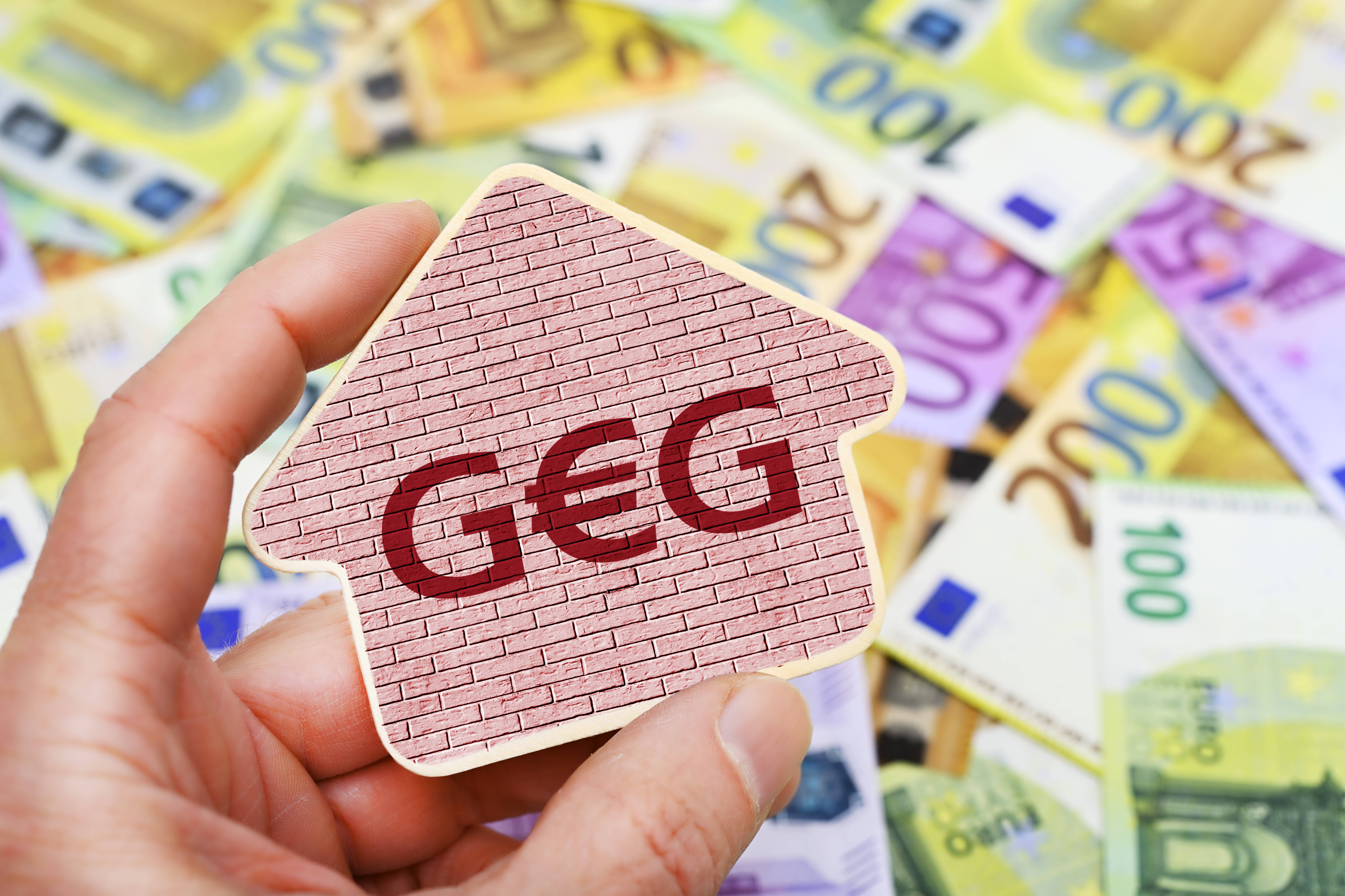 Eine Hand h&auml;lt ein Schild mit der Aufschrift "GEG", da E ist ein Eurozeichen. Dahinter liegen viele Euro-Scheine. |