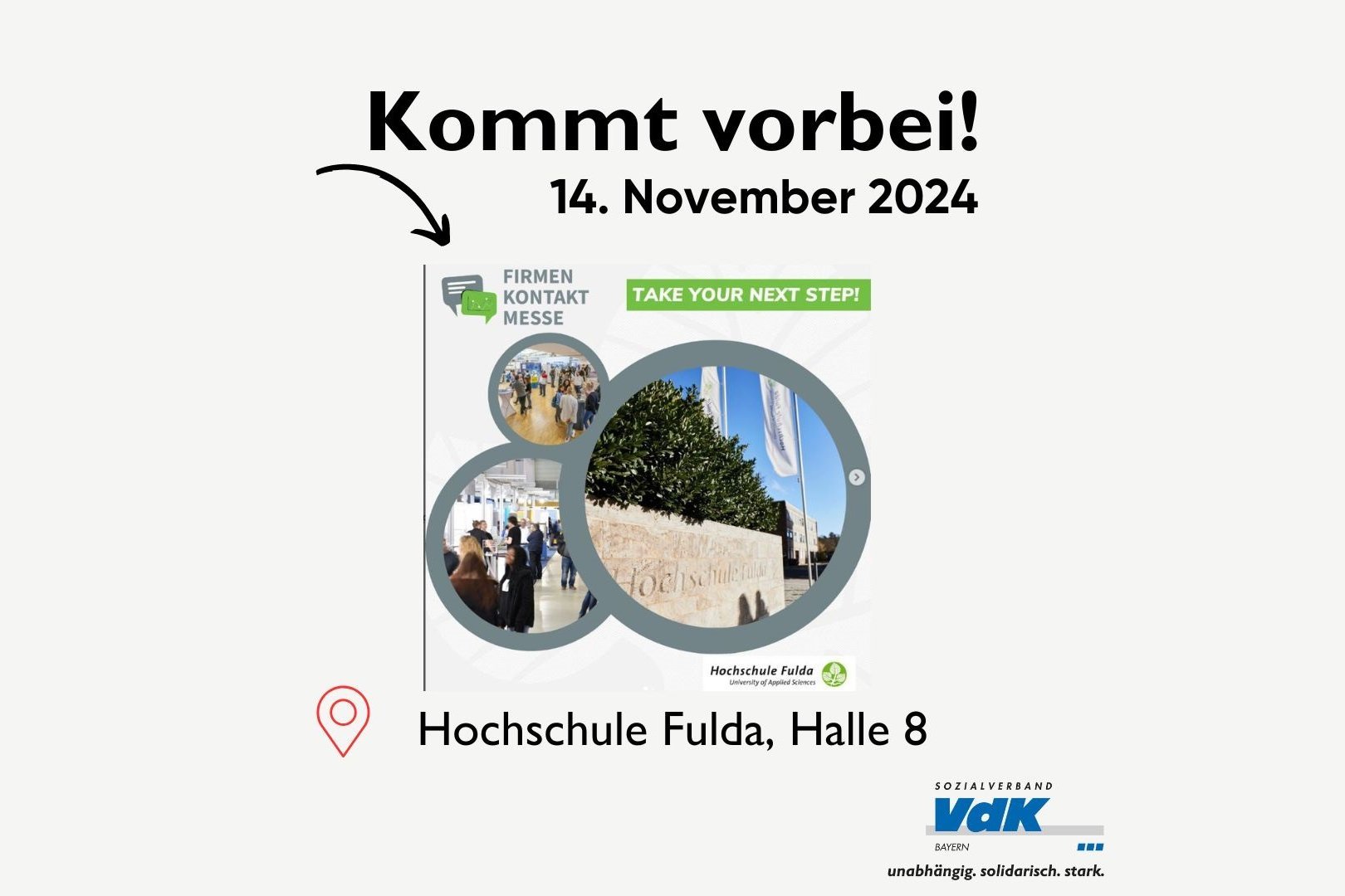 Auf der Grafik steht: "Kommt vorbei! Firmenkontaktmesse. Hochschule Fulda, Halle 8."