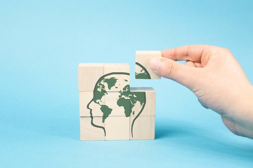 Rechts ist eine Hand, die einen Bauklotz aus Holz in der Hand h&auml;lt und auf andere Holzkl&ouml;tze stapelt. Auf den Holzkl&ouml;tzen ist ein menschliches Gehirn gezeichnet, in dem die Kontinente abgebildet sind.