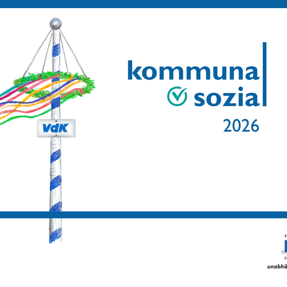 Ein Maibaum mit dem VdK-Logo. Rechts daneben steht: "kommunal sozial 2026".