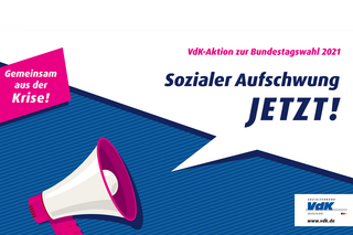 Logo der VdK-Kampagne "Sozialer Aufschwung JETZT!". Darauf steht: "Sozialer Aufschwung JETZT! VdK-Aktion zur Bundestagswahl 2021. Gemeinsam aus der Krise!