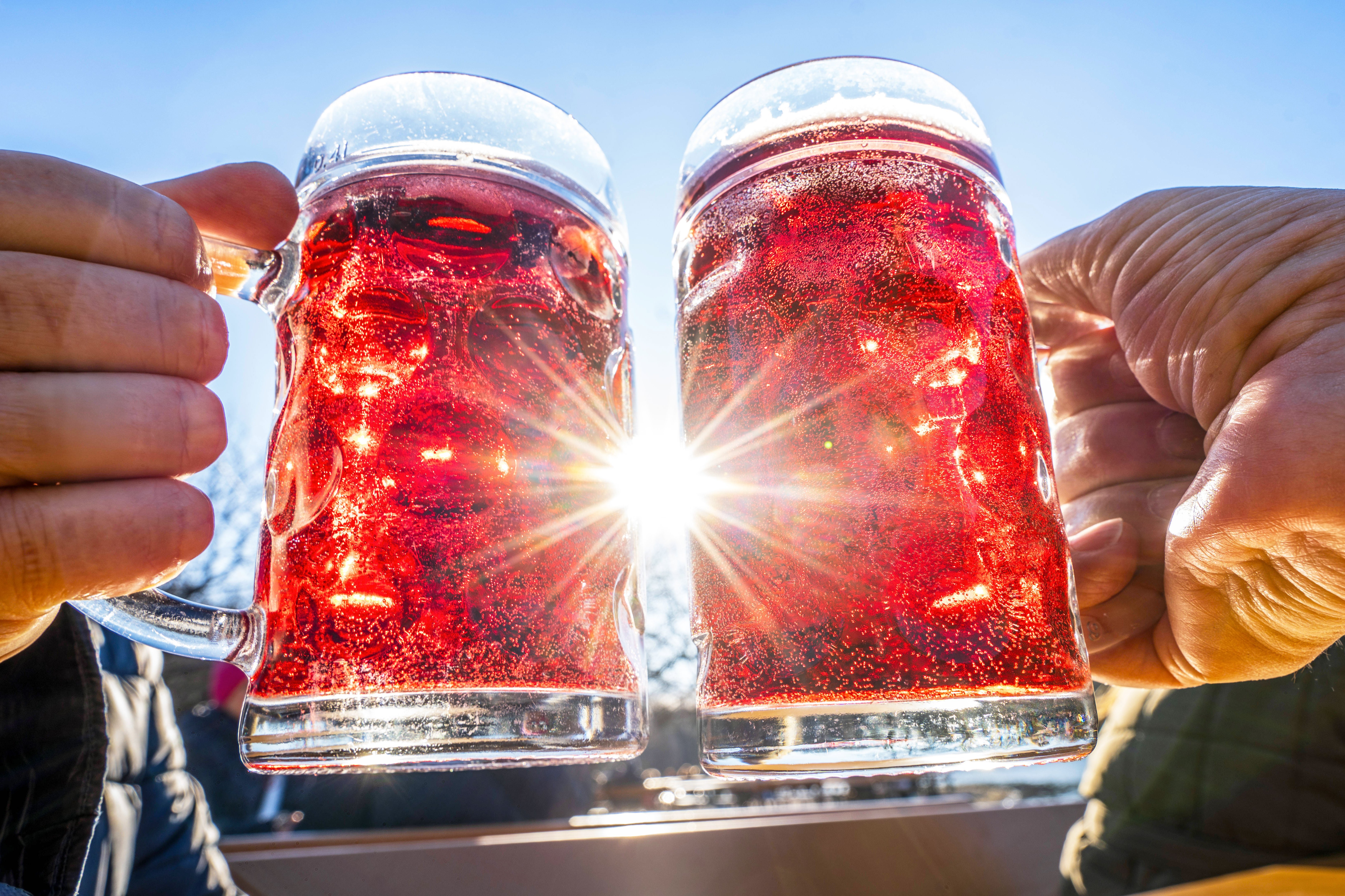 Zwei Hände heben zwei Maßkrüge mit rotem Getränk in die Höhe. Sonnenlicht strahlt durch die Gläser hindurch.