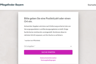 Screenshot der Startseite des Pflegefinders Bayern. 