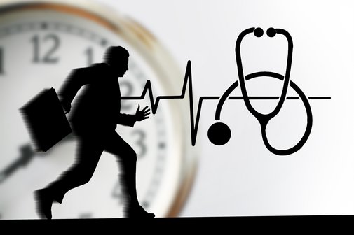 Eine Zeichnung, die zeigt, wie ein Mann mit Aktentasche rennt. Dahinter eine Uhr und daneben ein Stethoskop 