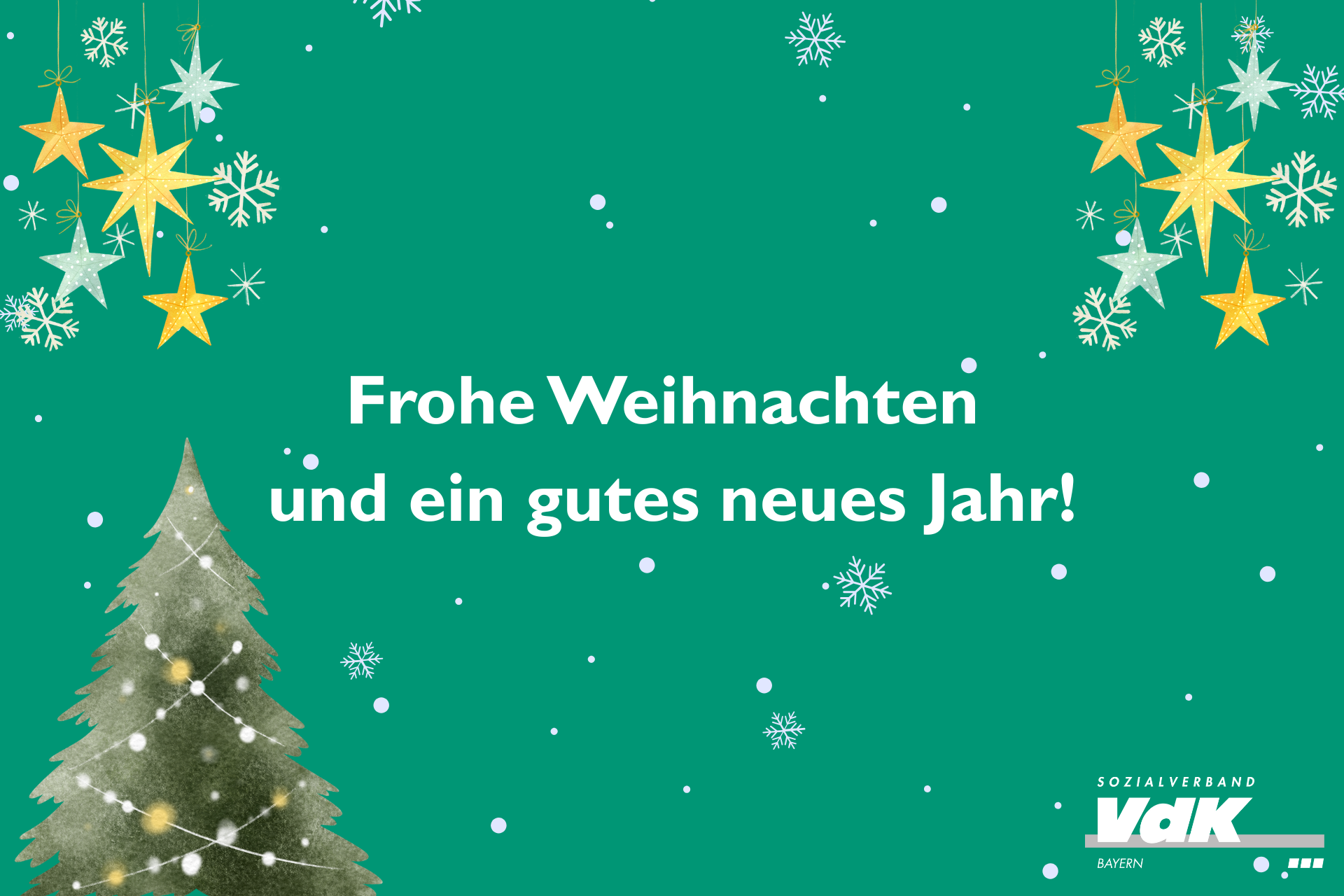 Gr&uuml;ner Hintergrund mit wei&szlig;en Schneeflocken, goldenen Sternen und einem gr&uuml;nen Tannenbaum. In der Mitte steht: "Frohe Weihnachten und ein gutes neues Jahr!".