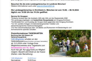 Die Landesgartenschau in Kirchheim b. München ist vom 15.05. – 06.10.2024 täglich von 10:00 Uhr bis 19 Uhr geöffnet.