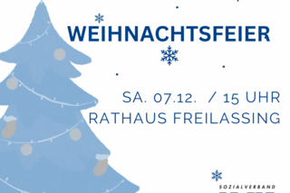 Weisblaues Bild mit Text: Weihnachtsfeier und Datum