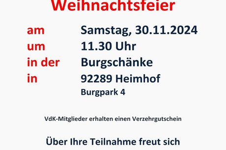 Einladung zur VdK Weihnachtsfeier in der Burgsch&auml;nke in Heimhof am 30.11.2024