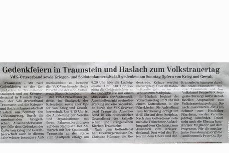 Auf dem Bild sieht man den Zeitungsartikel zum Volkstrauertrag am Sonntag 18.11.2024 in Traunstein und Haslach