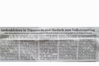 Auf dem Bild sieht man den Zeitungsartikel zum Volkstrauertrag am Sonntag 18.11.2024 in Traunstein und Haslach