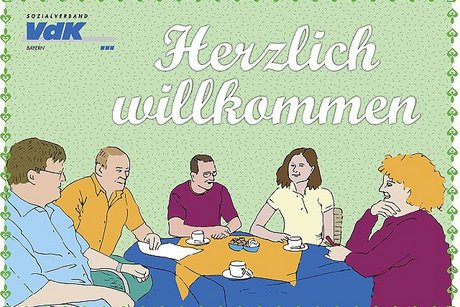 Auf der Zeichnung sind 5 Personen am Kaffeetisch zu sehen und der Schriftzug herzlich willkommen.