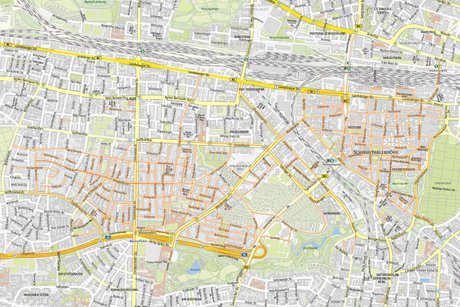 Kartenausschnitt zeigt markierte Straßen, die im Ortsverband enthalten sind auf Stadtkartenausschnitt