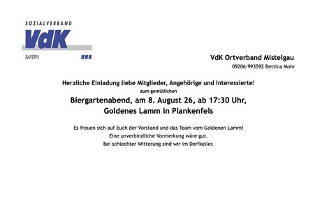 Der Biergartenabend findet am 8. August 26, ab 17:30 Uhr, im Goldenes Lamm in Plankenfels statt