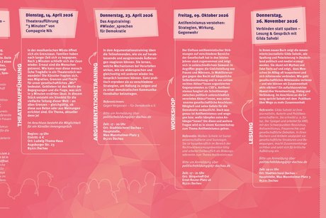 Die Daten der einzelnen Veranstaltungen (Inhalt, Datum, Zeit, Ort und Anmeldung) werden dargetsellt.