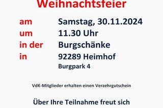 Einladung zur VdK Weihnachtsfeier in der Burgschänke in Heimhof am 30.11.2024