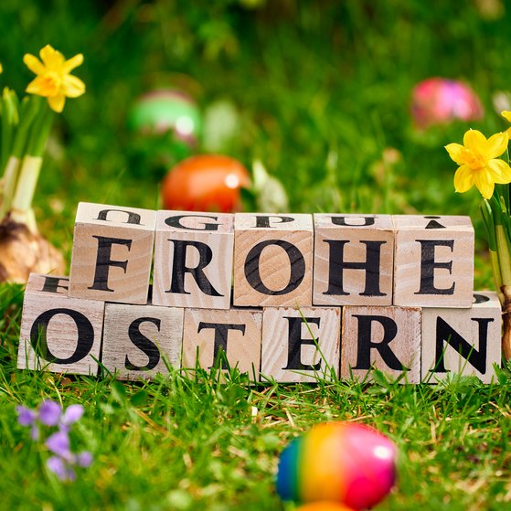 Holzkl&ouml;tze mit der Aufschrift &bdquo;Frohe Ostern&ldquo; liegen im Gras, dekoriert mit bunten Ostereiern und bl&uuml;henden gelben Narzissen.