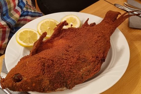 Das Bild vom Karpfenessen zeigt einen lecker zubereiteten Karpfen.