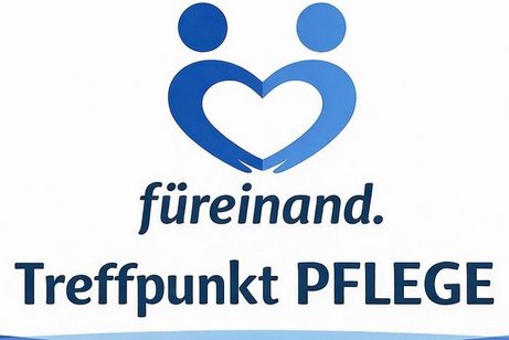 Stilisiertes blaues Herz aus zwei Personen, darunter Text f&uuml;reinand. Treffpunkt PFLEGE