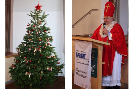 Eine Collage aus einem geschm&uuml;cktem Weihnachtsbaum mit einem als Nikolaus verkleidetem Mann