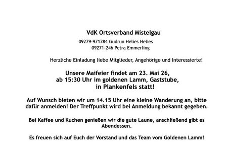 Die Maifeier findet am 23. Mai 26, ab 15:30 Uhr im goldenen Lamm, Gaststube, in Plankenfels statt
