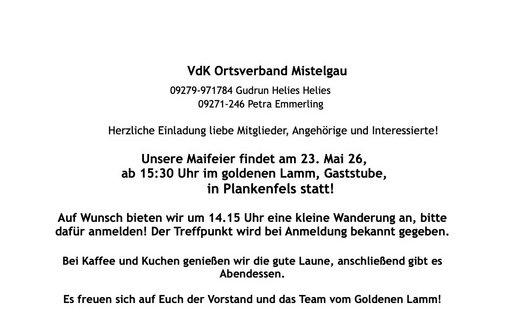 Die Maifeier findet am 23. Mai 26, ab 15:30 Uhr im goldenen Lamm, Gaststube, in Plankenfels statt Die Maifeier findet am 23. Mai 26, ab 15:30 Uhr im goldenen Lamm, Gaststube, in Plankenfels statt