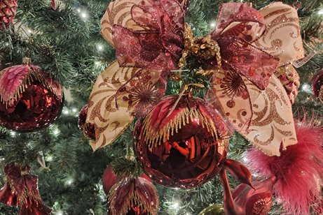 Tanne mit roten Christbaumkugeln geschm&uuml;ckt