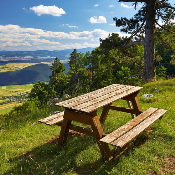 Eine Holzbank mit Tisch steht auf einer Wiese. Im Hintergrund sieht man eine weitl&auml;ufige Landschaft. 