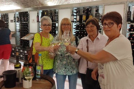 Abgebildet sind Reiseteilnehmer bei der Weinprobe