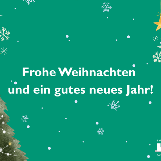 Gr&uuml;ner Hintergrund mit wei&szlig;en Schneeflocken, goldenen Sternen und einem gr&uuml;nen Tannenbaum. In der Mitte steht: "Frohe Weihnachten und ein gutes neues Jahr!".