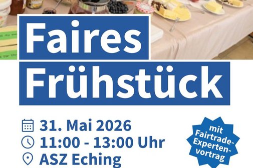 Langer Tisch, gedeckt mit fairen Fr&uuml;hst&uuml;cksprodukten, wie Obst, Brot, Cerealien, Honig, Butter usw.
