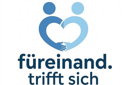 weisser Hintergrund, zwei Menschen stilisiert zu einem Herz in blau, darunter &bdquo;f&uuml;reinand. trifft sich&ldquo; Schriftzug