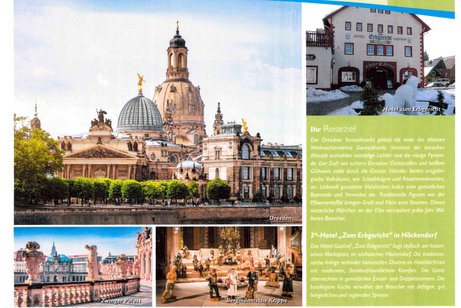 gr. Bild Blick auf historische Altstadt von Dresden mit Frauenkirche, kl. Bild daneben Hotel zum Erbgericht, kl. Bild unten links Zwinger Palast, kl. Bild unten rechts Bergm&auml;nnische Krippe