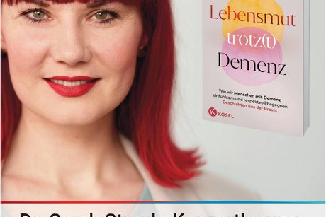 Zu sehen ist das Gesicht von Fr. Dr. Sarah Straub, der Titel ihres Buches "Lebensmut trotz(t) Demenz" sowie die Zeit, Ort und Anmeldem&ouml;glichkeit zur Konzertlesung.