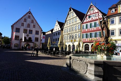 Das prunkvolle Alte Rathaus in Bad Mergentheim bei blauem Himmel