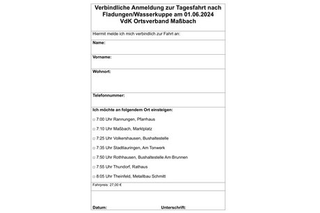 Anmeldeformular zum Tagesausflug nach Fladungen Mit diesem Anmeldeformular können Sie sich zu unserem Tagesausflug anmelden.