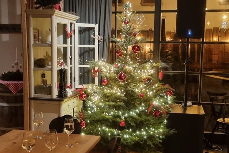 Auf dem Bild sieht man einen hübsch geschmückten Christbaum in einem schönen abgedunkelten Raum