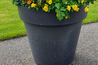 Das Bild zeigt einen großen grauen Pflanztrog mit vielen bunten Blumen.