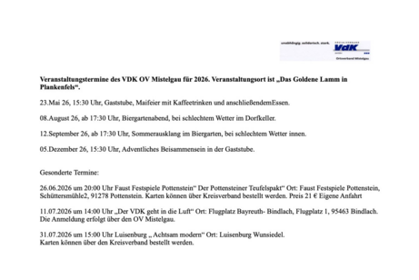 Veranstaltungstermine des VDK OV Mistelgau f&uuml;r 2026. Veranstaltungsort ist &bdquo;Das Goldene Lamm in Plankenfels&ldquo;.