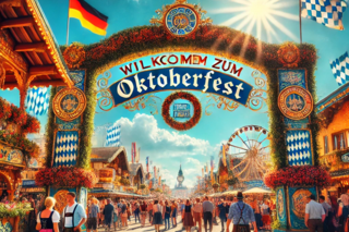 Haupteingang zum Oktoberfest mit Menschen, die hineingehen. Ein Schild mit 'Willkommen zum Oktoberfest' hängt am Torbogen. Im Hintergrund blauer Himmel und die Sonne blinkt rechts oben.