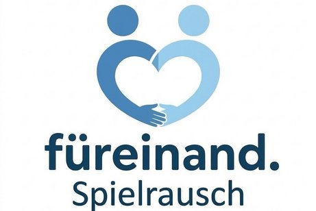 Weisser hintergrund, in blau zwei stilisierte Menschen als Herz, darunter Schriftzug f&uuml;reinand. Spielrausch