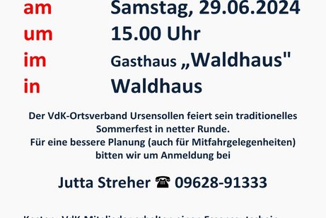 Der VdK-Ortsverband Ursensollen feiert sein traditionelles Sommerfest in netter Runde.