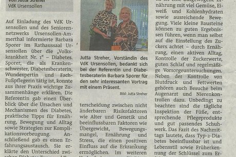 Die Krankenschwester und Diabetesberaterin Barbara Sporer referierte &uuml;ber die Volkskrankheit Nr. 1 "Diabetes" beim VdK Ursensollen