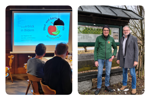 zu sehen ist der Vortrag am Stammtisch des VdK sowie Xaver Pongratz und Josef Koll am Obstlehrgarten