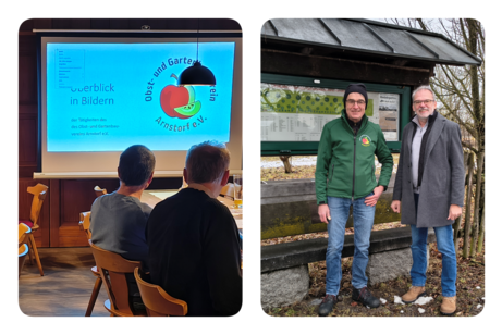zu sehen ist der Vortrag am Stammtisch des VdK sowie Xaver Pongratz und Josef Koll am Obstlehrgarten
