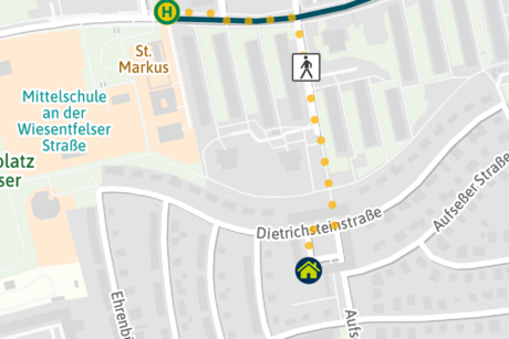 Fußweg vom Bus 57 (Wiesentfelser Str.) zur Aubinger Einkehr Fußweg vom Bus 57 (Wiesentfelser Str.) zur Aubinger Einkehr